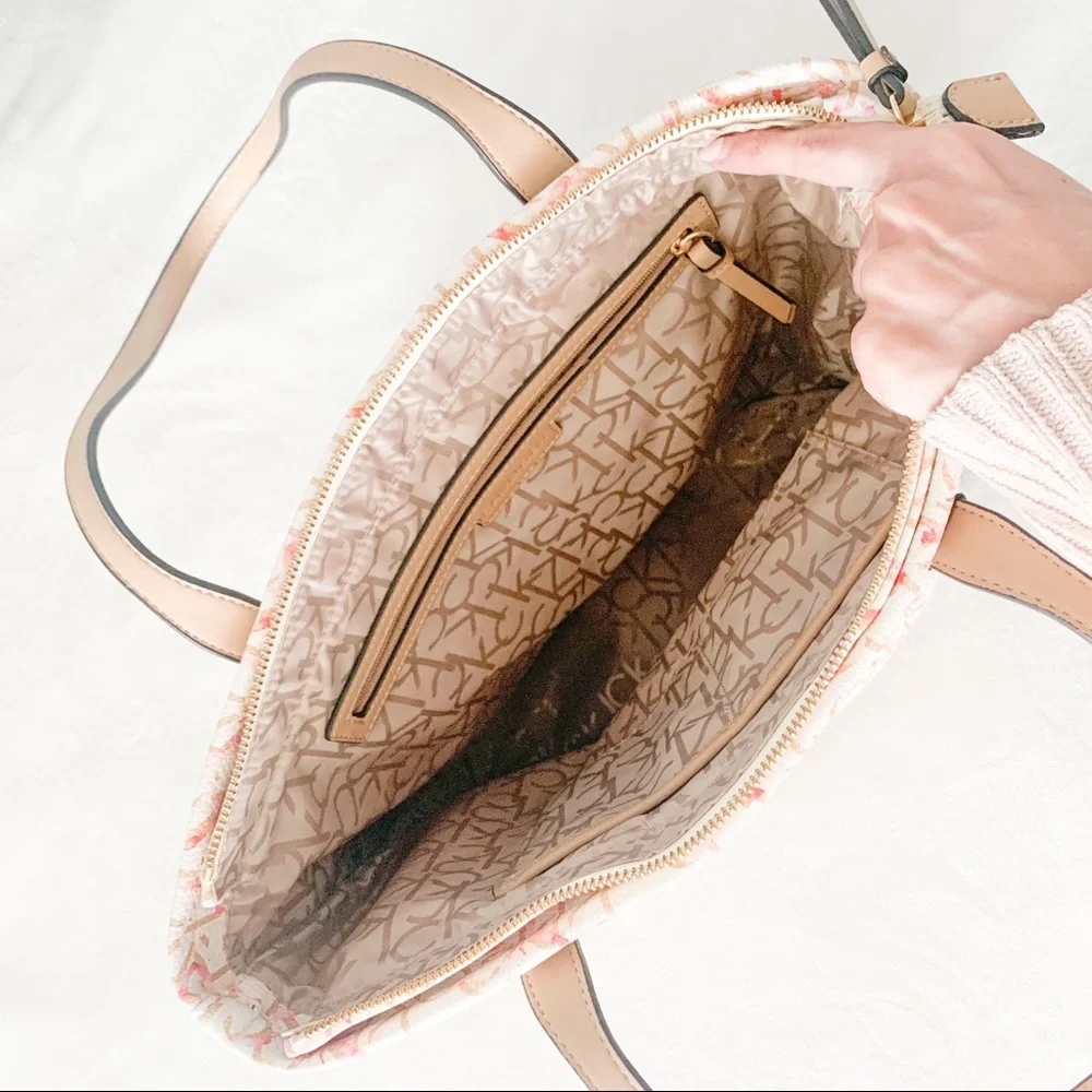 Calvin Klein Pink Cream Monogram Tote with Tan Handles
